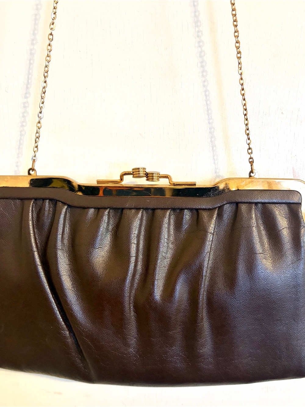Vintage Mardane USA Brown Leather Clutch Purse Gold Chain Strap